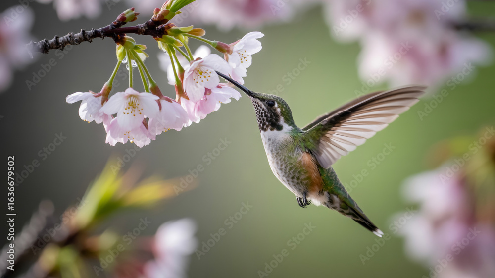 Fototapeta premium Hummingbird feeding on pink cherry blossoms nature 2