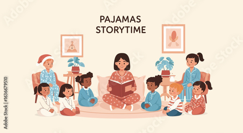 A heartwarming illustration of children gathered for pajamas storytime with their teacher