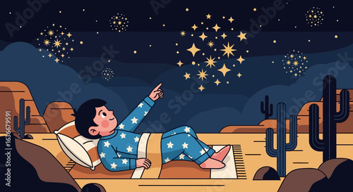 A kid lies in bed looking at the fireworks in the desert at night with cacti and mountains, dreaming and imagining the magical world