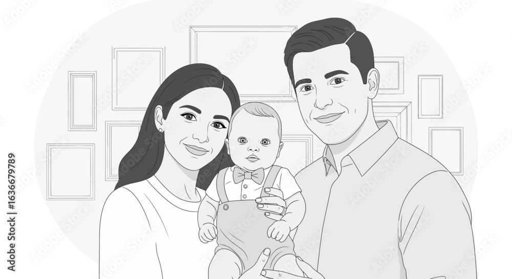 A monochrome illustration of a happy family portrait featuring parents and baby A monochrome illustration of a happy family portrait featuring parents and baby