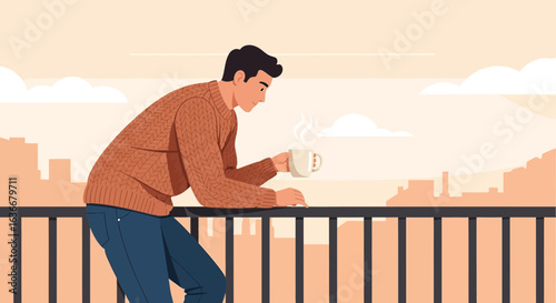 A Man Enjoys Morning Coffee Overlooking A Cityscape Relaxing On His Balcony