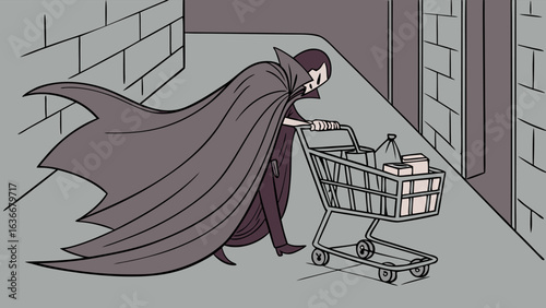 A mysterious figure in a flowing cape pushes a shopping cart filled with groceries down a city street blending the mundane with the extraordinary
