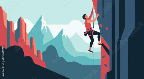 A minimalist illustration of a man climbing a mountain with mountains in the background against a bright sky