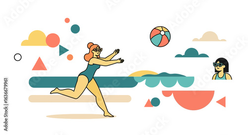 A playful summer beach scene with girl playing beach volleyball vector illustration  illustration for happy moments and summertime
