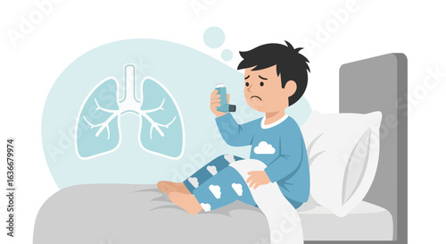 A sad boy in pajamas is sitting on a bed holding an inhaler thinking of lungs