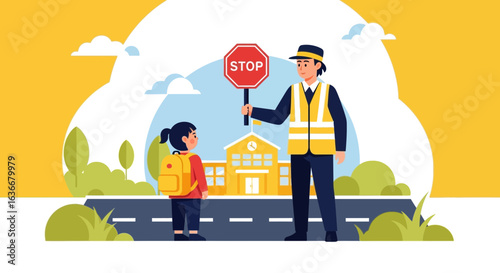 A school crossing guard helping a young girl cross the road safely near school, protecting kids and enforcing traffic rules for children