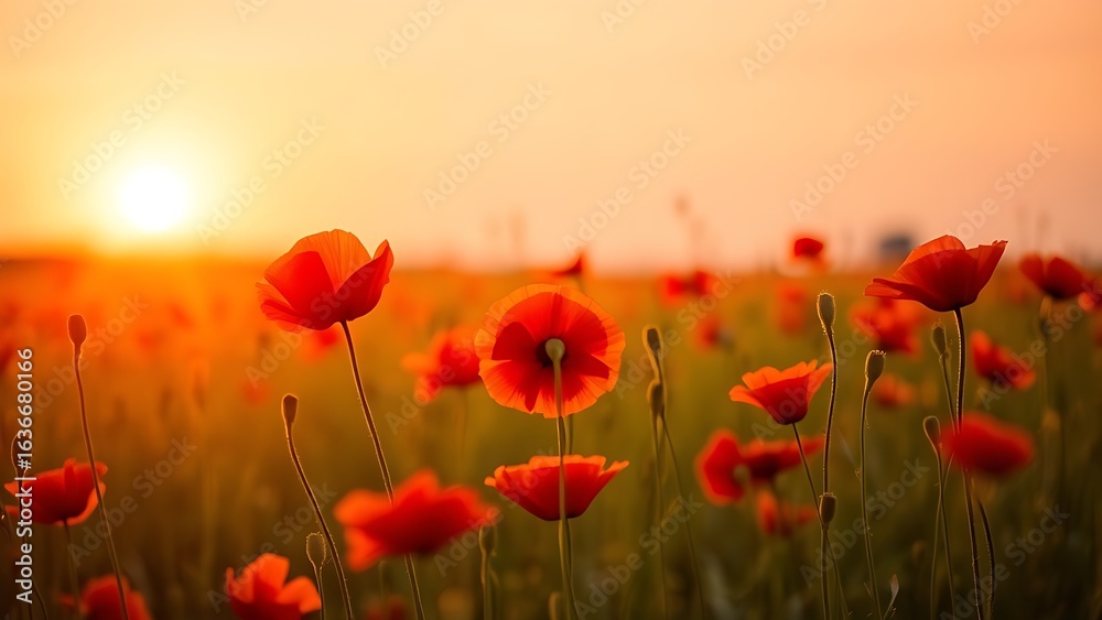 Obraz premium A serene sunset field filled with vibrant red poppies, bathed in warm golden light.