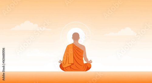 A serene vector illustration of a monk meditating peacefully at sunrise, radiating tranquility and inner peace