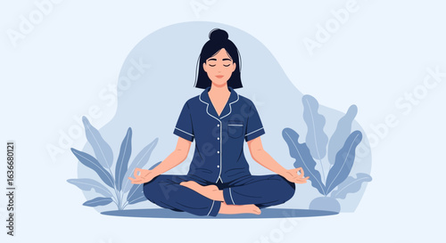 A serene woman in pajamas meditates in a lotus position with plants backdrop promoting wellness and relaxation for a peaceful moment