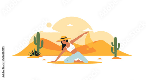 A serene yoga session in the desert amidst cacti and sun-kissed dunes creates a calm and peaceful scene