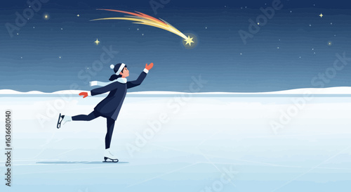A skater is ice skating with beautiful view of shooting star in the winter night