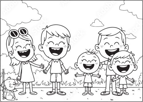 Happy cartoon family outing together coloring page illustration