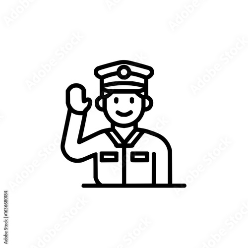 Officer waving icon vector illustration of military officer with hat and uniform line art design style