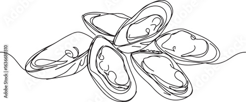 Minimalist one line drawing illustration of fresh mussels seafoo
