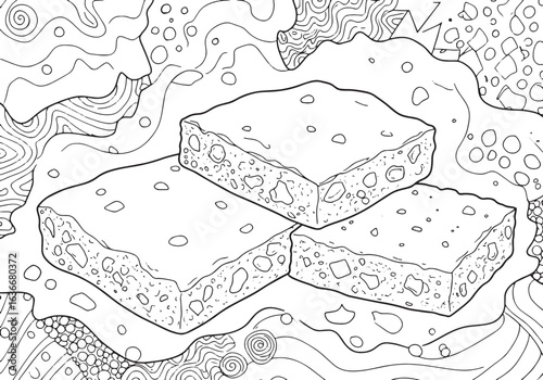 Line art illustration of stacked brownies on a patterned backgro