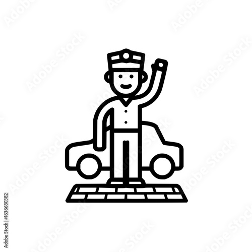 Traffic officer waving hand near car vector illustration for transportation and safety concept design