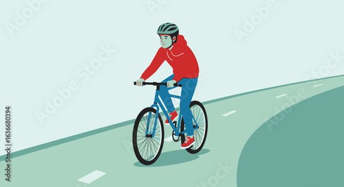 A vector illustration depicting a man riding a bicycle on a designated path during the daytime engaging in a healthy lifestyle activity