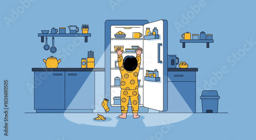 A whimsical illustration of a toddler reaching into a fully stocked refrigerator in a vibrant kitchen setting