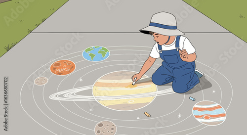 A young artist creates a colorful solar system with chalk on the pavement with meticulous attention to detail