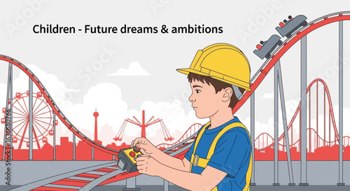 A young boy dreaming to be an engineer with an amusement park in the background represents ambitions and success