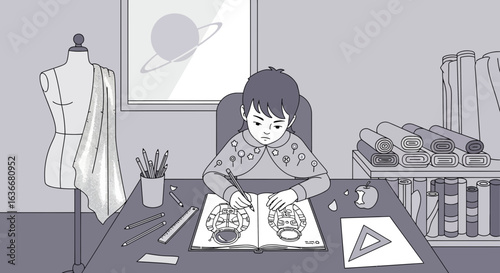 A young designer at work sketching astronaut costumes in his studio space