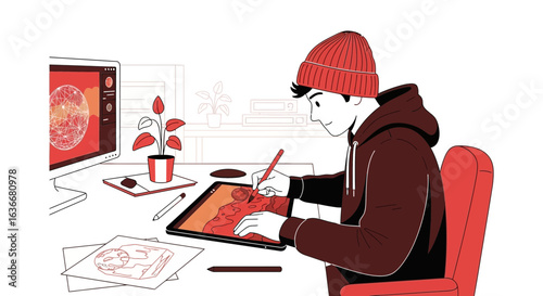 A young digital artist in beanie creating art on a tablet, surrounded by creative tools and a computer with digital artwork
