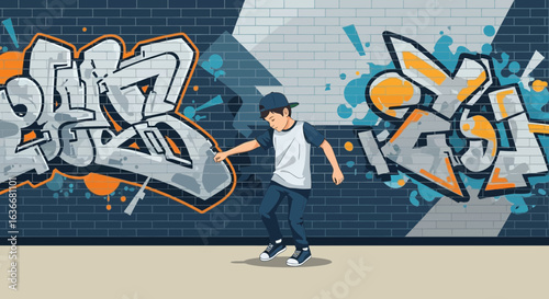 A young man paints graffiti on a brick wall, illustrating urban art and youth culture, expressing creativity and rebellion through street art