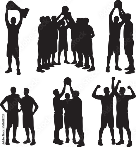 Set of Five Black Silhouettes of Basketball Teams Celebrating Victory