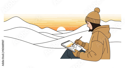 A young woman artistically sketching a winter landscape at sunset in nature