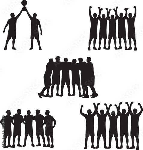 Set of Five Black Silhouettes of Basketball Teams Celebrating Victory