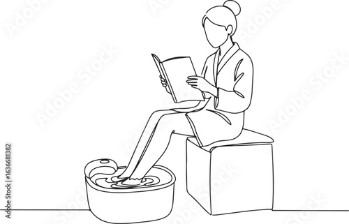 Minimalist line drawing of a woman relaxing with a foot spa and