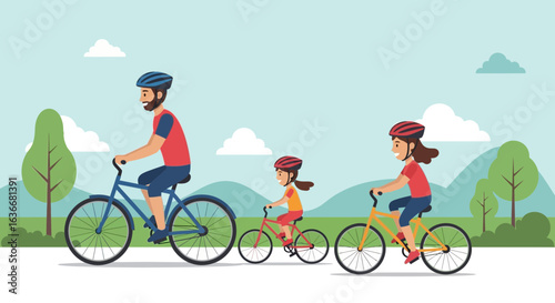 Active Family Enjoying a Cycling Trip Together in Nature Illustration
