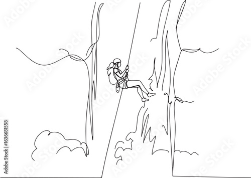 Minimalist line drawing of a woman rappelling down a rocky cliff