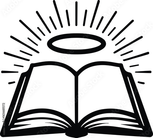 Black and White Vector Icon of an Open Book with a Halo