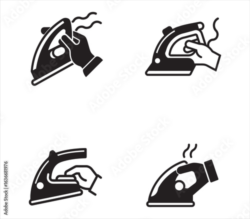 Ironing Clothes Black and White Icons Set Depicting Hand Holding Iron with Steam Ready for Pressing Garments and Fabrics