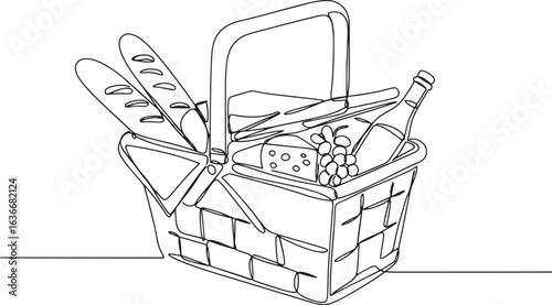 Elegant single line art of picnic basket showcasing gourmet deli