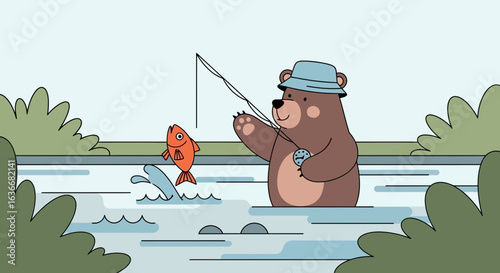 Adorable illustration of a bear fishing in a river catching a jumping fish