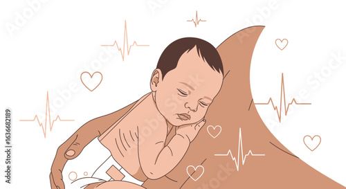 Adorable Illustration of a Sleeping Baby with Heartbeat Lines and Heart Symbols on White Background