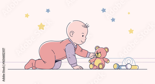 Adorable Infant Exploring The World Around Him Playing With Cute Teddy Bear