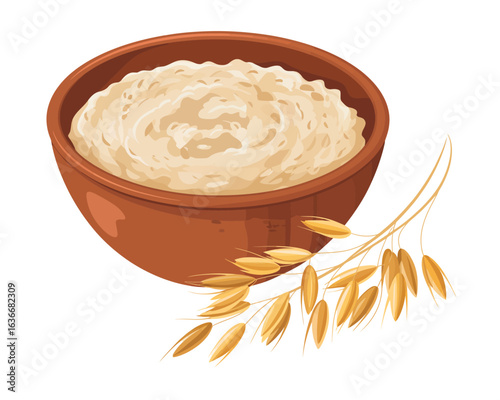 Bowl of creamy oatmeal with oat stalks