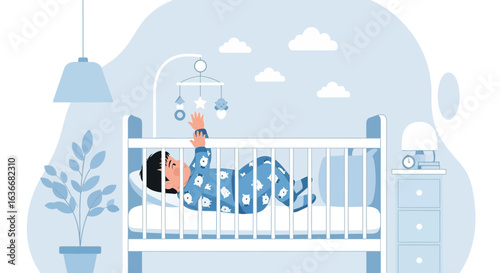 Adorable Infant Relaxing in a Cozy Nursery with a Crib Mobile Illustration