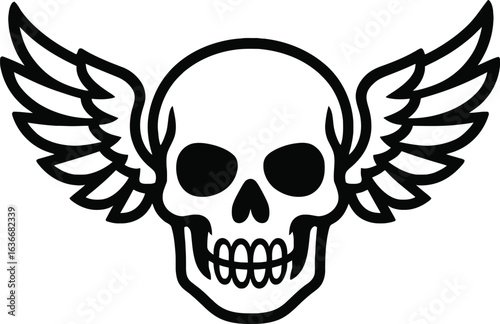 Black and White Vector Icon of a Winged Skull