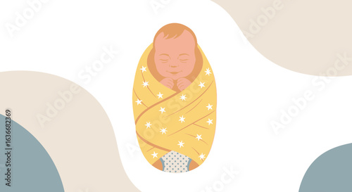 Adorable newborn baby swaddled in a soft yellow star blanket resting peacefully illustration