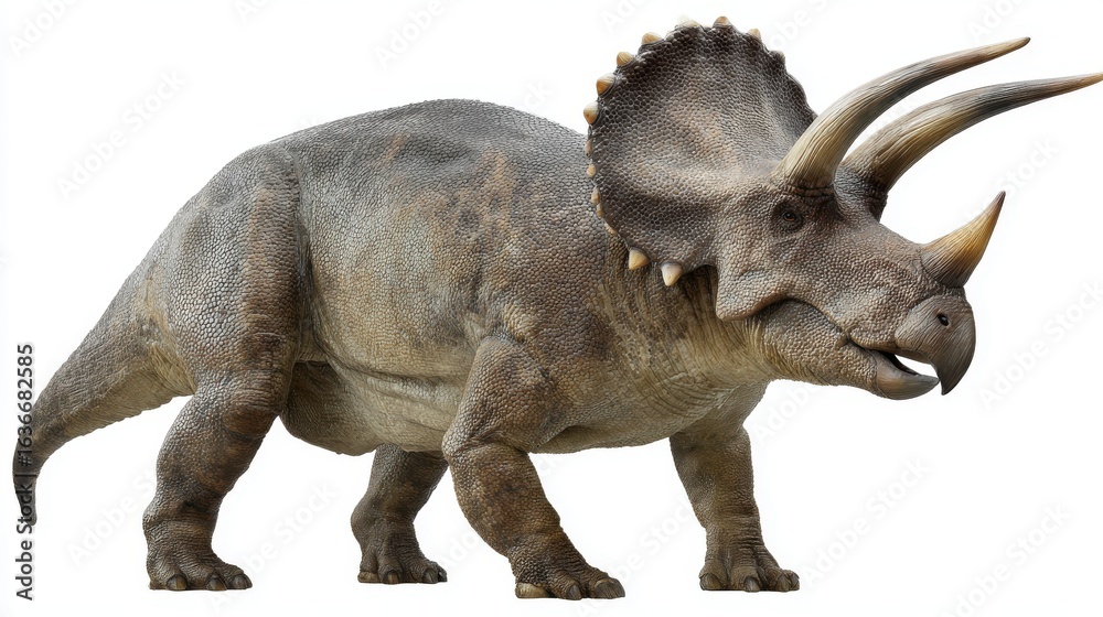 Obraz premium A three-horned dinosaur, Triceratops, standing against a plain white background.