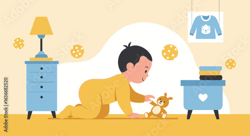 Adorable toddler exploring nursery playing with teddy bear joyful childhood moment