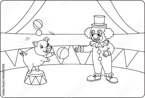 Whimsical circus scene featuring a juggling pig and a cheerful c