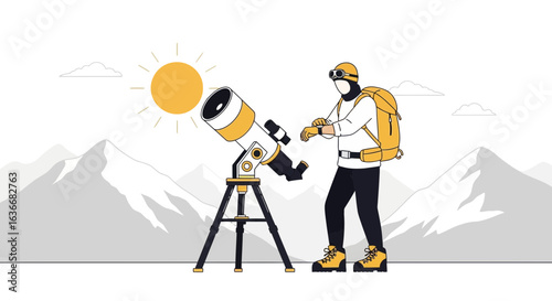 Adventurer Examining Time Near Telescope During Mountain Expedition In Daytime
