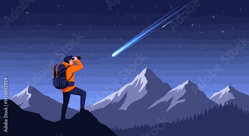 Adventurer Observes a Striking Meteor Shower Over Rugged Mountain Range
