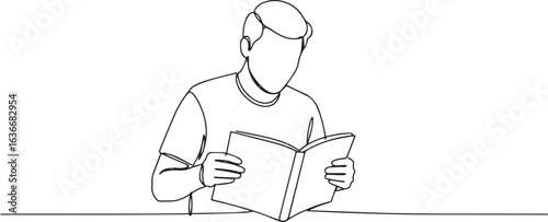 Continuous line drawing illustrating a man engrossed in reading