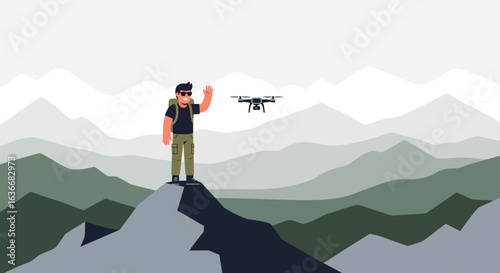 Adventurer Reaching Mountain Peak Interacting with Drone Technology in Outdoor Nature